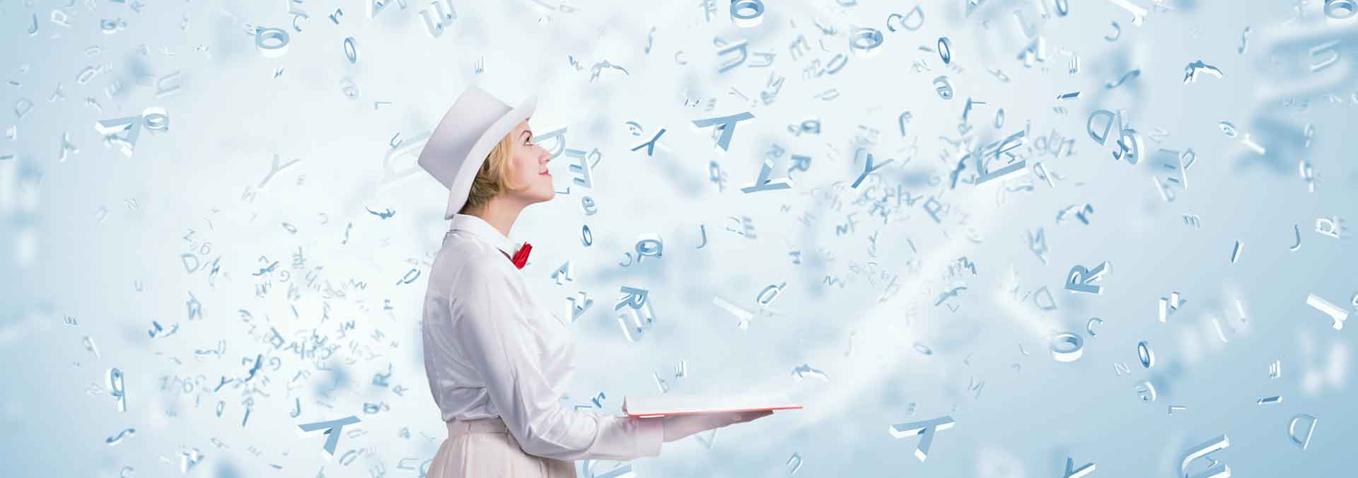 Woman in white dress holding open book reading review of Mark Malatesta